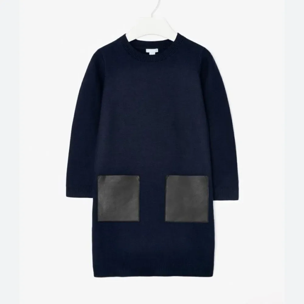 COS oversized navy blue mini dress sweater w black faux leather pockets sz M - Picture 1 of 14